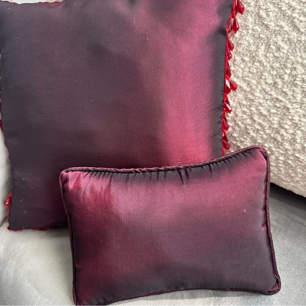 Vintage Burgundy Beaded Floral Pillow Set 2pc Boho Glam Decor 11” 6x8